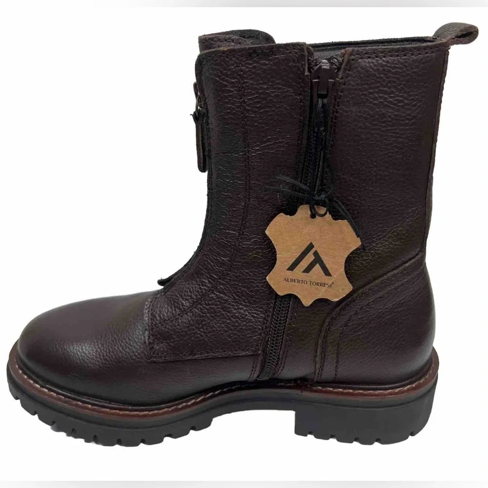 NWT ALBERTO TORRESI GENUINE LEATHER Mid-Calf Front Side‎ Zip Brown Boots 40 US 9